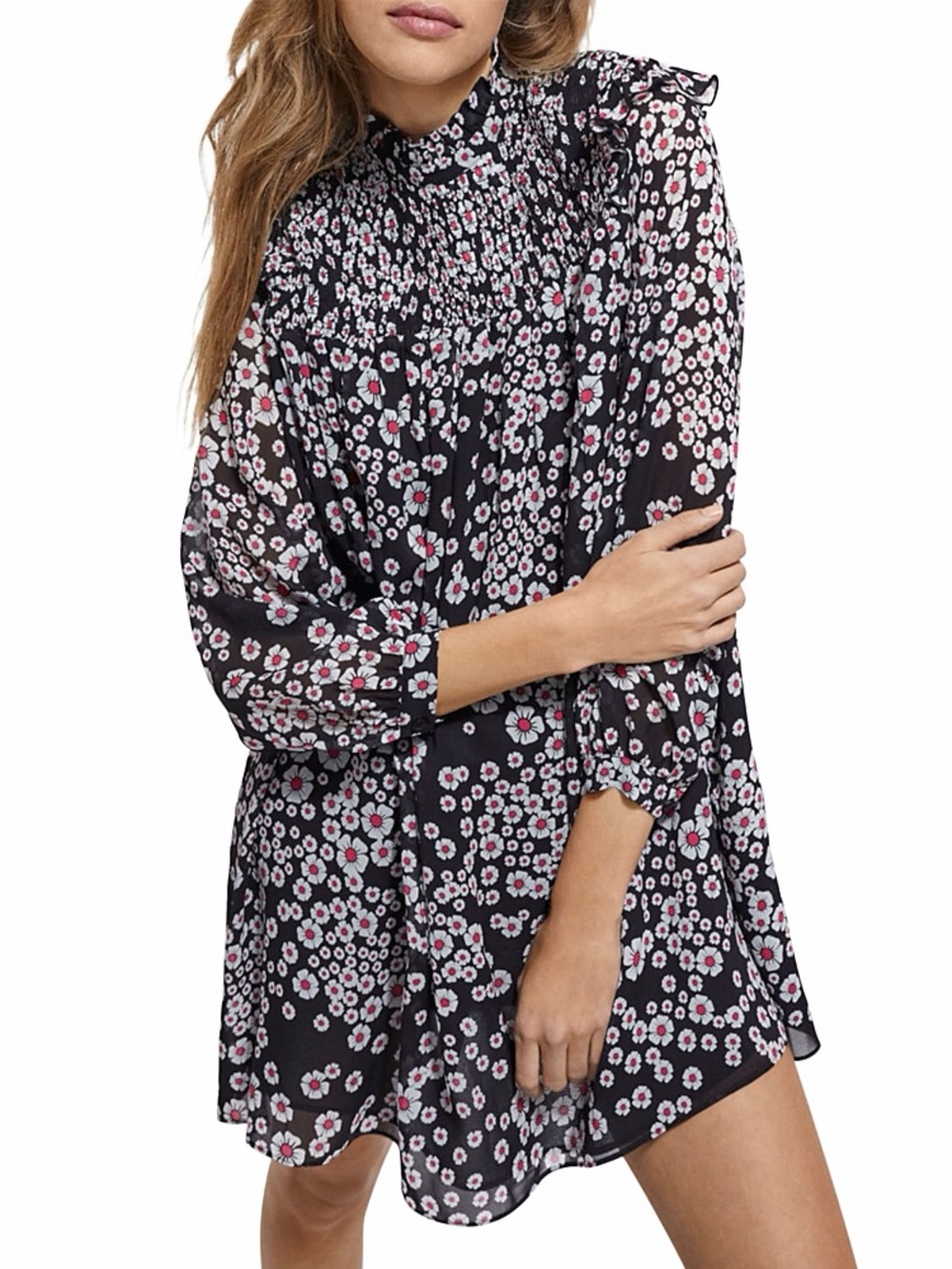 The Kooples Black Floral Mini Dress with Pink and White Accents